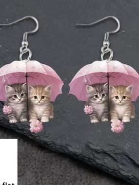Cute Pink Umbrella Cat Earrings for Pets Lovers